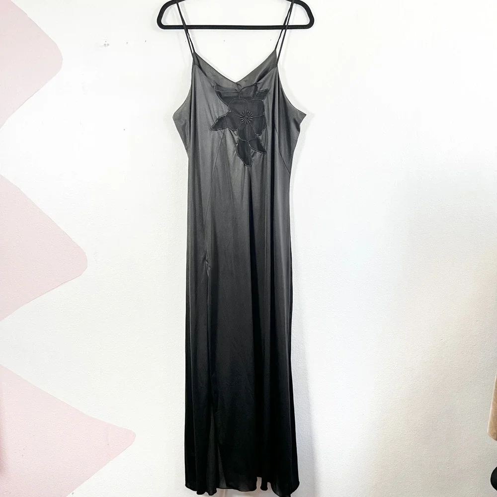 VTG 90s Nylon Slip Maxi Dress Sz Large Black Mesh Whimsigoth Dark‎ Fairy
